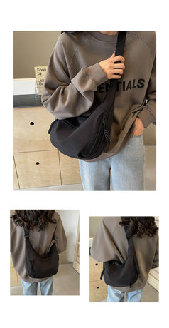 Black Large Nylon Crescent Crossbody Bag - Casual Slouchy Shoulder Purse