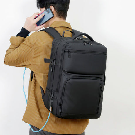 Black Expandable Business Travel Backpack with USB Charging Port - Water-Resistant Laptop Bag for Commuting & Carry-On
