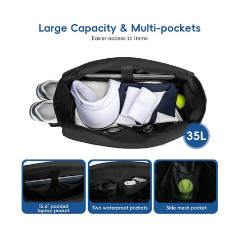 Black Large Quilted Tennis Tote Bag with Shoe Compartment - Waterproof Lightweight for Men and Women