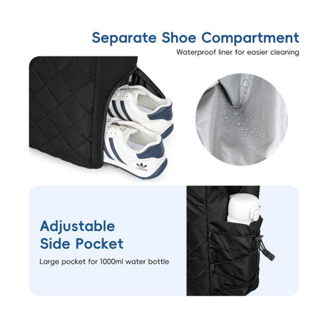 Black Large Quilted Tennis Tote Bag with Shoe Compartment - Waterproof Lightweight for Men and Women