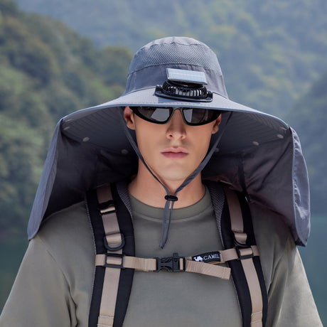 Dark Grey Outdoor Solar Fan Sun Hat - Large Brim Fishing Hiking Hat with Neck Cape