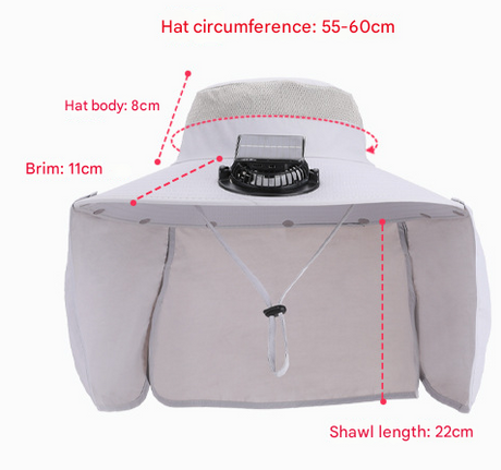Navy Blue Outdoor Solar Fan Sun Hat - Large Brim Fishing Hiking Hat with Neck Cape