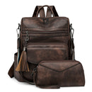 Dark-brown Women's Retro PU Leather Backpack - Dual-Color Tassel Design, Winter High-End Style