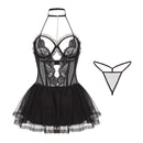Black Sexy Sheer Lace Nightgown Set - Tempting Lingerie Uniform for Women