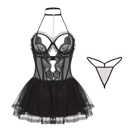 Black Sexy Sheer Lace Nightgown Set - Tempting Lingerie Uniform for Women