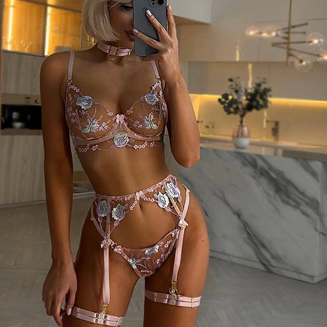 S Pink Sexy Sheer Floral Embroidery Lingerie Set - Open-Butt Shapewear Five-Piece Set