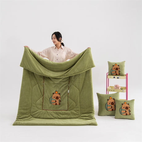 Green Kapybara - 2-in-1 Foldable Car Pillow Blanket - Cozy 40x40cm Pillow, Unfolds to 100x150cm Blanket for Travel and Office Naps