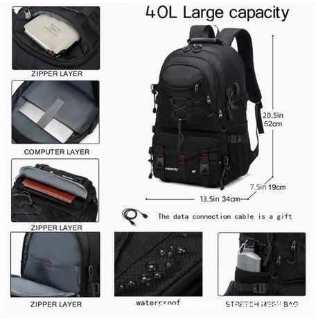 Orange 40L Large Capacity Travel Backpack - Water-Resistant Hiking Rucksack with USB Charging Port