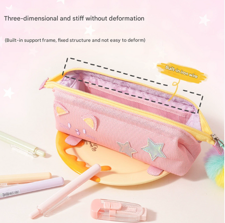 Pink Cute Cat Pencil Case for Girls - Large Capacity Sparkly Stationery Pouch with Fluffy Pom Pom