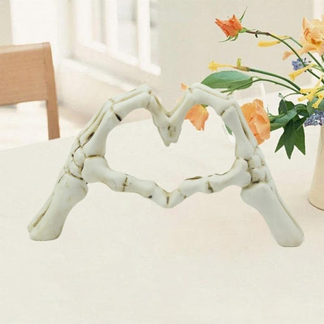 White Gothic Skeleton Hands Heart Sculpture - Macabre Love Figurine for Home & Halloween Decor