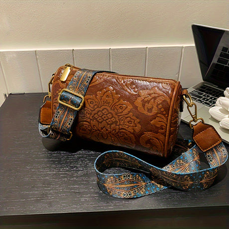 Black Vintage Embossed Crossbody Barrel Bag with Wide Adjustable Guitar Strap
