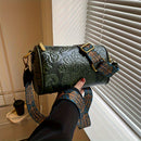 Green Vintage Embossed Crossbody Barrel Bag with Wide Adjustable Guitar Strap