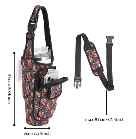 Leopard-print White Insulated Tumbler Carrier Pouch with Adjustable Strap & Pocket