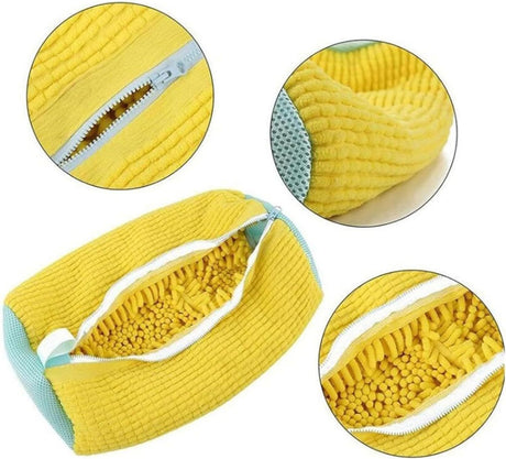 Yellow 2piece Durable Sneaker Wash Bag for Washing Machine - Anti-Deformation Shoe Protector with Chenille Fabric