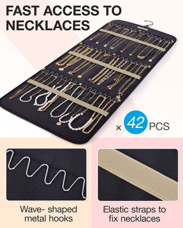 Black Hanging Jewelry Organizer - Closet Storage for Necklaces, Earrings, and Rings with Clear Pockets(14*33inch)