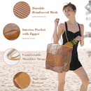 Khaki Large Mesh Beach Tote Bag - Lightweight & Foldable Shoulder Bag with Secure Zipper Pocket