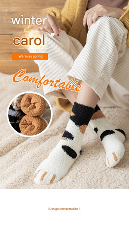 3-piece Black Cute Cat Paw Fuzzy Socks for Women - Plush Thermal Slipper Socks for Home & Lounging