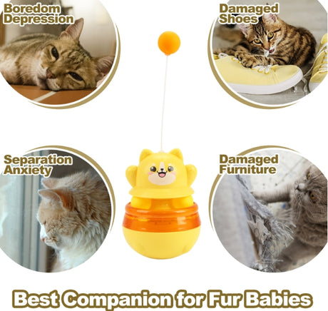 2-Piece Yellow Interactive Cat Tumbler Toy - 3-in-1 Treat Dispensing Puzzle Feeder with Ball Track & Teaser Wand