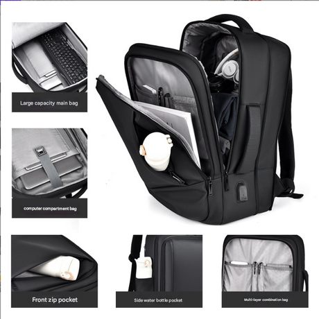 Blue Expandable Business Laptop Backpack with USB Charging Port - Large Capacity Work & Travel Bag for 15.6 Inch Laptops