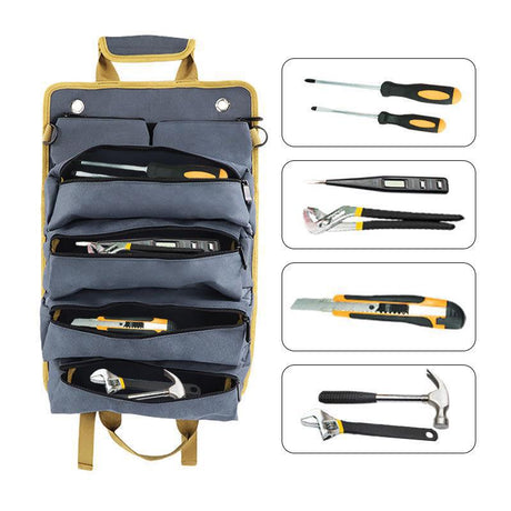 Black Heavy-Duty Roll-Up Tool Bag Organizer - Waterproof 1200D Fabric with 6 Pockets & Detachable Pouches