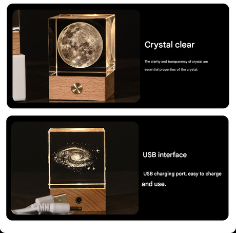 Milky Way Luminous 3D Crystal Cube Night Light - Laser Engraved Artwork with Solid Wood Base
