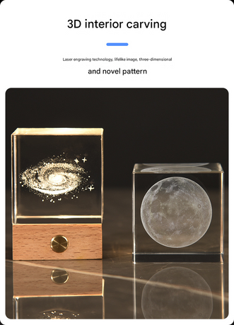 Saturn Luminous 3D Crystal Cube Night Light - Laser Engraved Artwork with Solid Wood Base