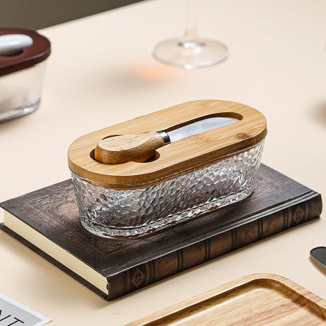 Natural wood color - flat Elegant Glass Butter Dish with Wooden Lid & Matching Spreader - Sealed Butter Keeper for Freshness