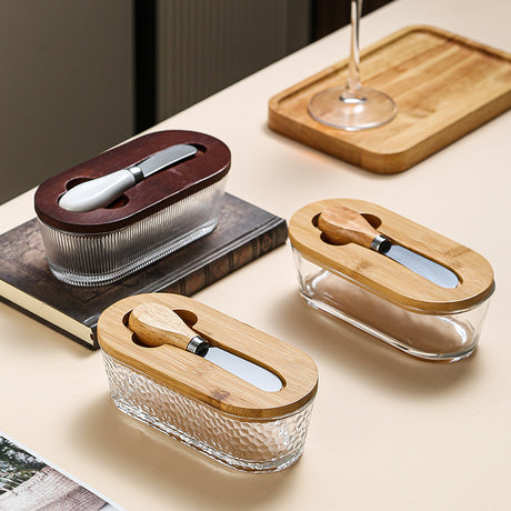 Brown - flat Elegant Glass Butter Dish with Wooden Lid & Matching Spreader - Sealed Butter Keeper for Freshness