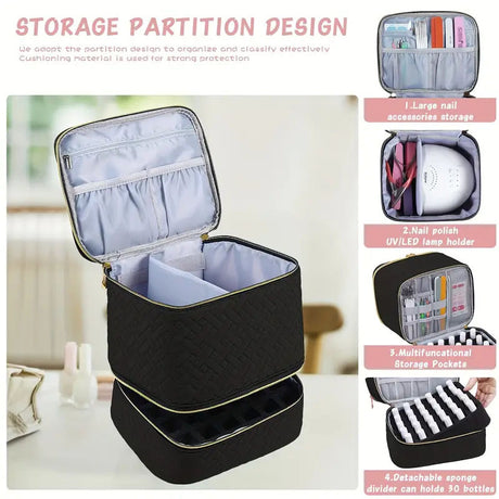 Pink Professional Nail Polish Organizer Case for 30 Bottles & UV Lamp - Double-Layer Travel Storage Bag