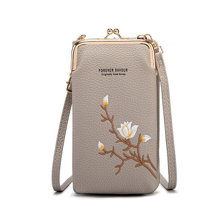 Grey Chic Embroidered Crossbody Phone Wallet - All-in-One Purse with Kiss-Lock Clasp