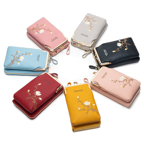 Pink Chic Embroidered Crossbody Phone Wallet - All-in-One Purse with Kiss-Lock Clasp