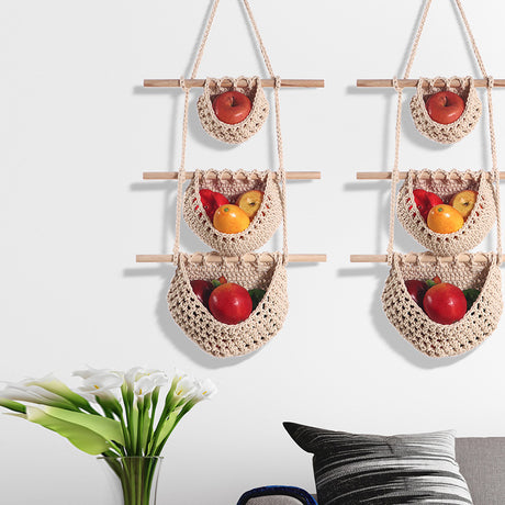 Three-layer cotton rope style Bohemian Hanging Fruit Basket – Wall-Mounted Woven Storage Net Pocket for Kitchen & Home Decor