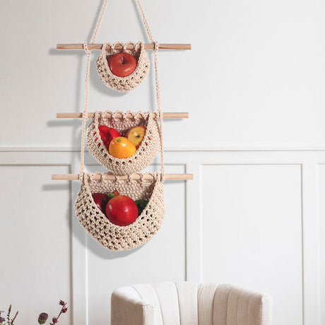 Three-layer hemp rope style Bohemian Hanging Fruit Basket – Wall-Mounted Woven Storage Net Pocket for Kitchen & Home Decor