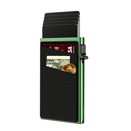 Green Ultra-Slim RFID Blocking Pop-Up Wallet - Automatic Card Holder with Metal Case & Secure Screw Base
