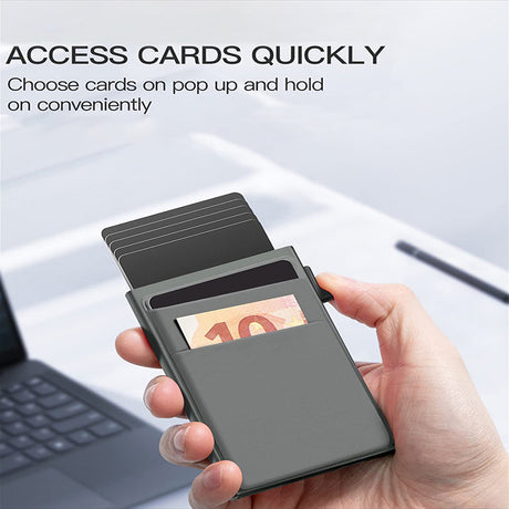 Blue Ultra-Slim RFID Blocking Pop-Up Wallet - Automatic Card Holder with Metal Case & Secure Screw Base