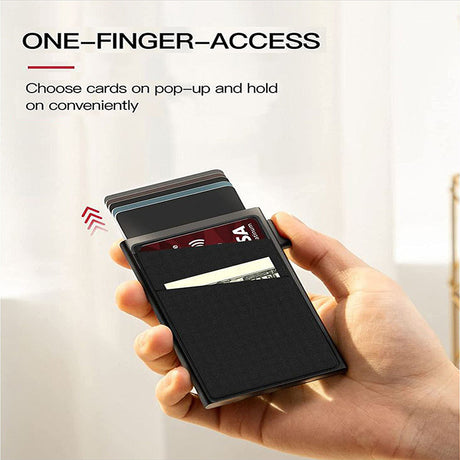 Blue Ultra-Slim RFID Blocking Pop-Up Wallet - Automatic Card Holder with Metal Case & Secure Screw Base
