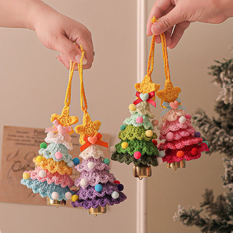 2 Pcs Handmade Crochet Christmas Tree Ornament - Plush Knitted Decoration with Bell - Ideal for Home, Car & Holiday Decor(Style D)