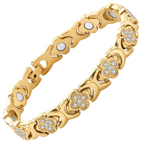 Gold New Fashion Lightweight Luxury Four-Leaf Clover Diamond Inlaid Bracelet - Alloy Magnetic Watch Band Style Bracelet for Women + Free Disassembly Tool