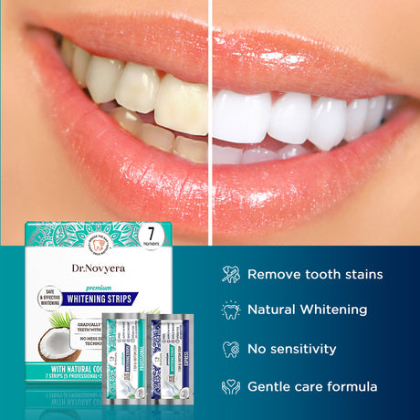 Dr. Novyera Premium Whitening Strips - Coconut Oil Infused for Effective Tooth Stain Removal & Gentle Care - 7 Treatments (5 Professional + 2 Express)