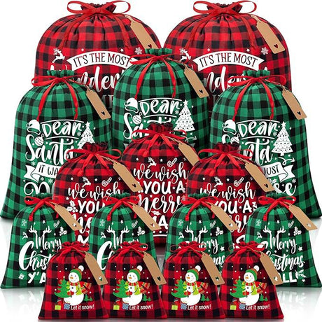 Green grid Christmas Gift Drawstring Bags Set - Festive Burlap Style Pouches for Candy & Apples - Holiday Decoration - 10 Pcs