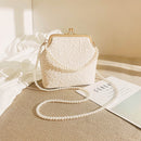 White Elegant Vintage Kiss-Lock Purse with Pearl Straps - Textured Frame Clutch Bag