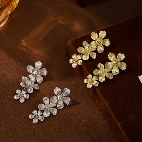 Gold Textured Cascading Floral Statement Drop Earrings for Women