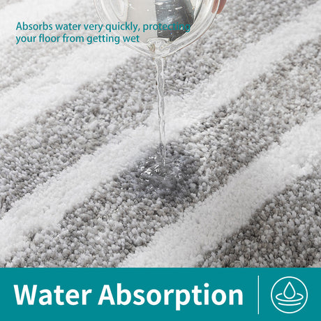 Grey Plush Striped Bath Mat - Ultra Soft, Absorbent & Non-Slip Bathroom Rug for Shower and Tub