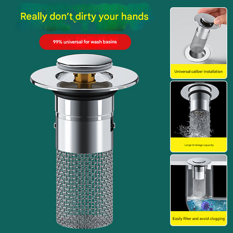 5 PCS Universal Pop-Up Sink Drain Stopper with Anti-Clog Filter Basket - Stainless Steel Hair Catcher & Anti-Odor Plug