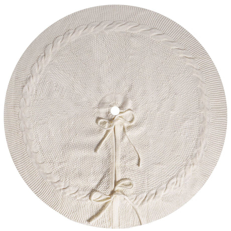 White Luxury Knit Christmas Tree Skirt with Cable-Knit Border - Rustic Holiday Decor(62cm)