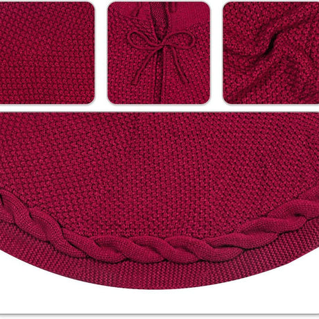 Red Luxury Knit Christmas Tree Skirt with Cable-Knit Border - Rustic Holiday Decor(122cm)