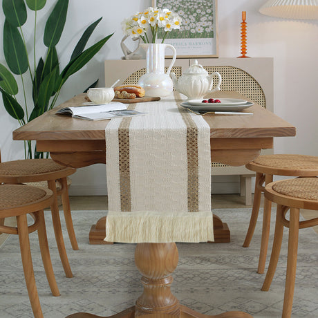 2-PCS Double bars Bohemian Woven Table Runner with Tassels - Rustic Farmhouse Decor for Dining & Coffee Tables