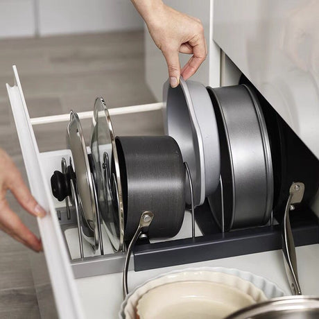 Grey Expandable Pan & Pot Lid Organizer Rack - Adjustable Kitchen Cabinet Storage Holder for Bakeware & Cutting Boards