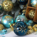 Navy blue and white 44-Piece Assorted Christmas Baubles Set with Elegant Designs in Wooden Gift Box - 3-6cm Decorative Ornaments for Tree, Home & Holiday Display