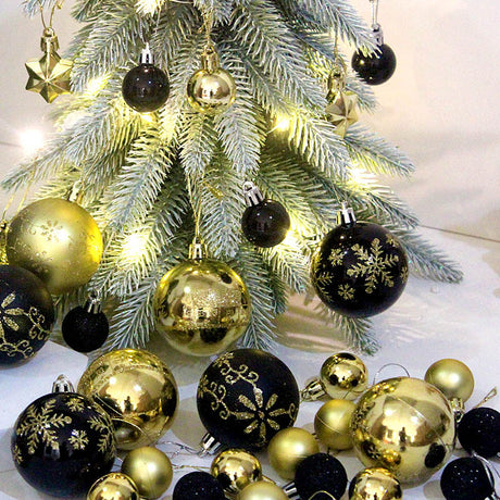 Grey and champagne gold 44-Piece Assorted Christmas Baubles Set with Elegant Designs in Wooden Gift Box - 3-6cm Decorative Ornaments for Tree, Home & Holiday Display